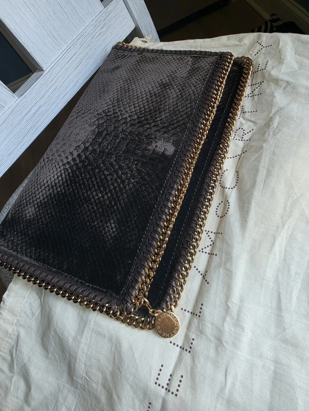 Stella McCartney Black Faux-Snake Foldover Chain Clutch with Gold Trim